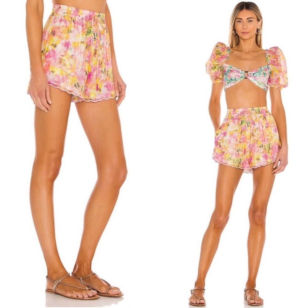 Rococo Sand Nesh Floral Shorts Yellow Pink Scallop Hem Size S - Picture 3 of 10